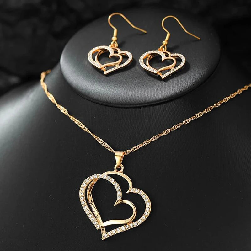 3 Pcs Set Sparkling Heart Shaped Jewelry Set Of Earrings Pendant Necklace For Women