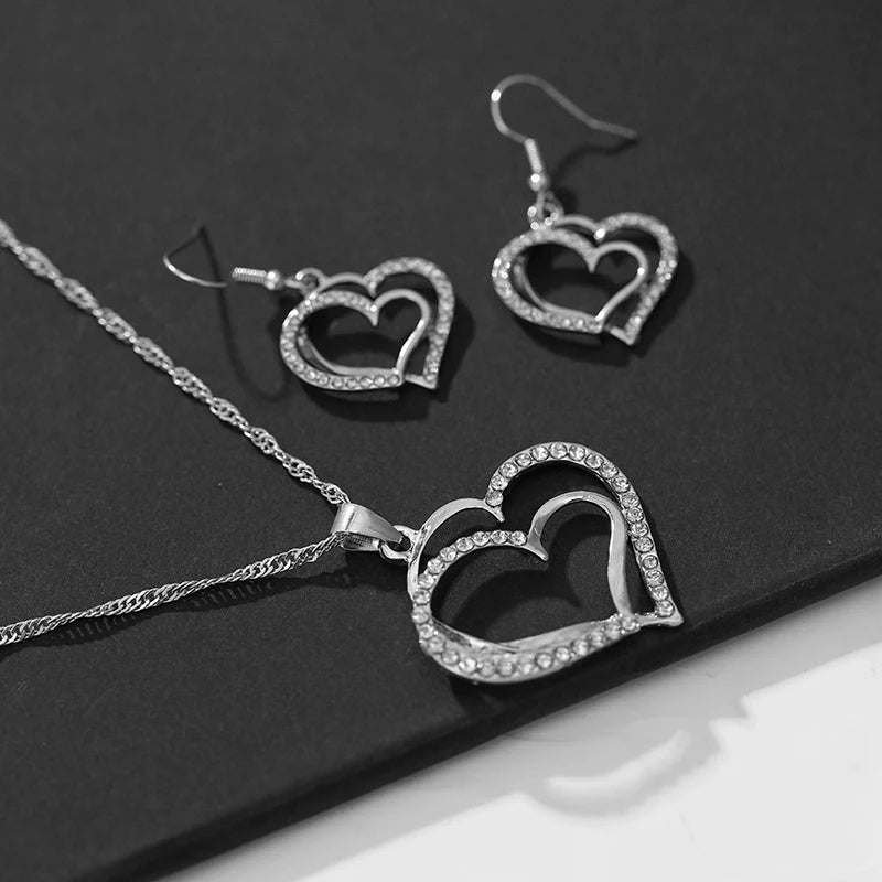 3 Pcs Set Sparkling Heart Shaped Jewelry Set Of Earrings Pendant Necklace For Women