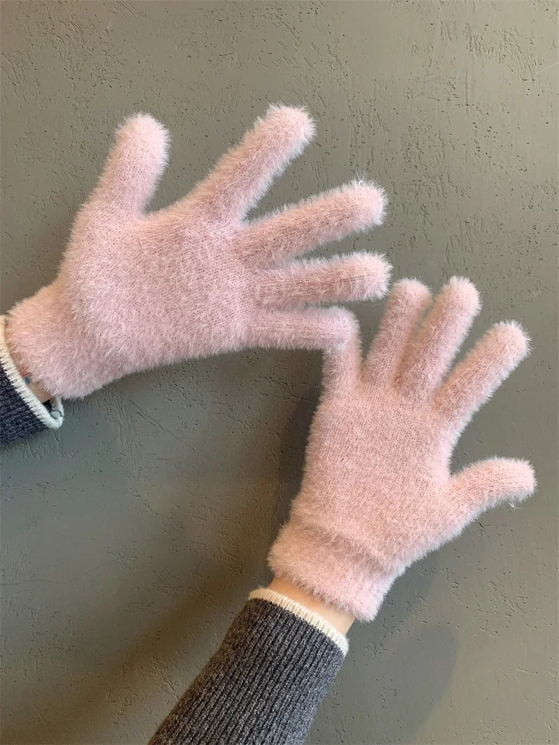 Fashion Winter Mink Velvet Five Finger Gloves Plush Warm Cold-proof Gloves for Women