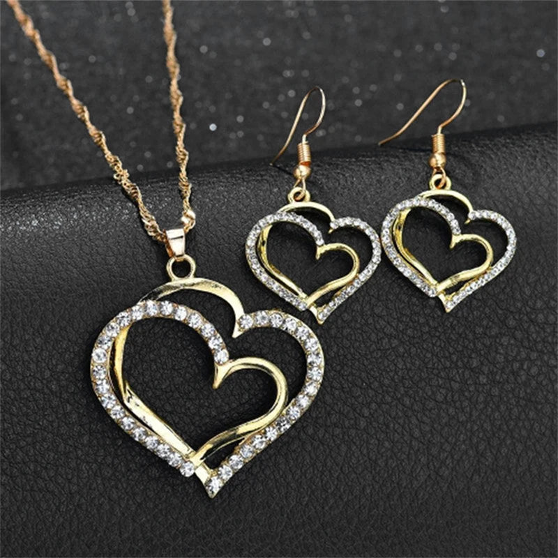 3 Pcs Set Sparkling Heart Shaped Jewelry Set Of Earrings Pendant Necklace For Women