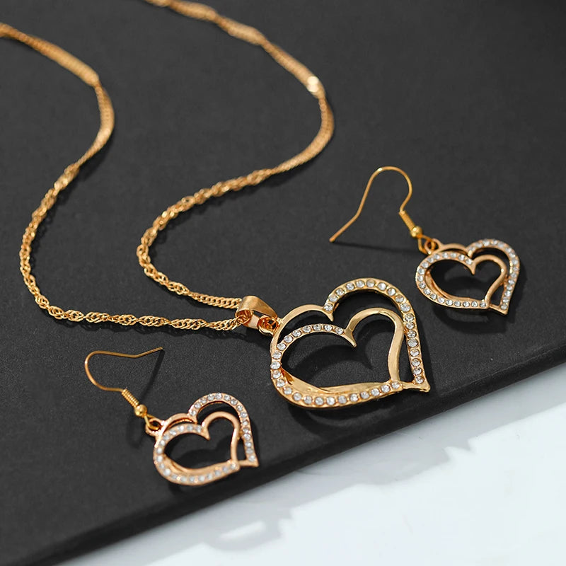 3 Pcs Set Sparkling Heart Shaped Jewelry Set Of Earrings Pendant Necklace For Women