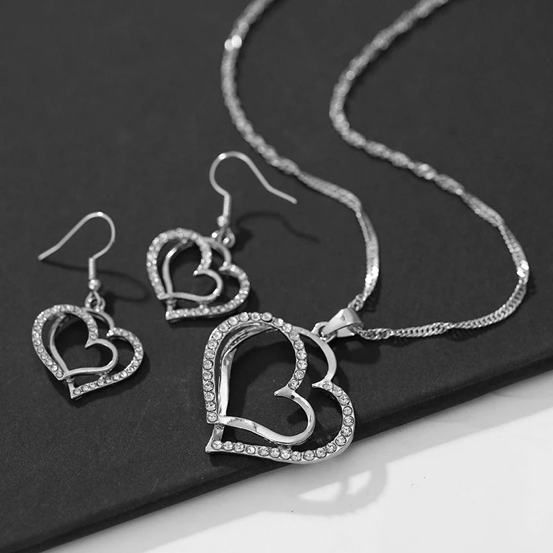 3 Pcs Set Sparkling Heart Shaped Jewelry Set Of Earrings Pendant Necklace For Women