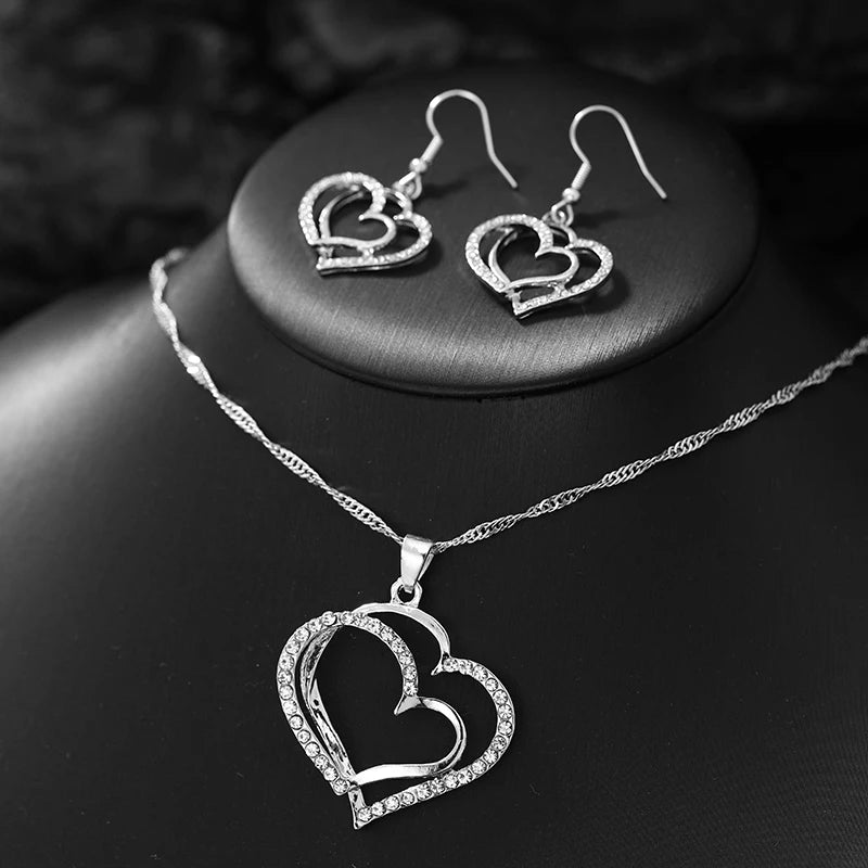 3 Pcs Set Sparkling Heart Shaped Jewelry Set Of Earrings Pendant Necklace For Women