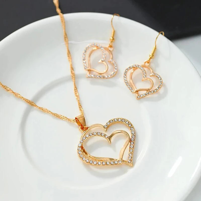 3 Pcs Set Sparkling Heart Shaped Jewelry Set Of Earrings Pendant Necklace For Women