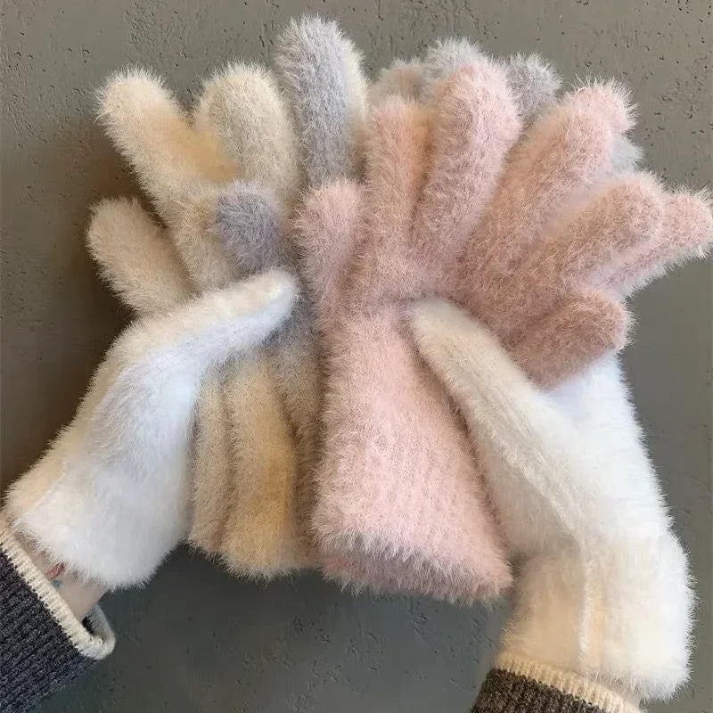 Fashion Winter Mink Velvet Five Finger Gloves Plush Warm Cold-proof Gloves for Women