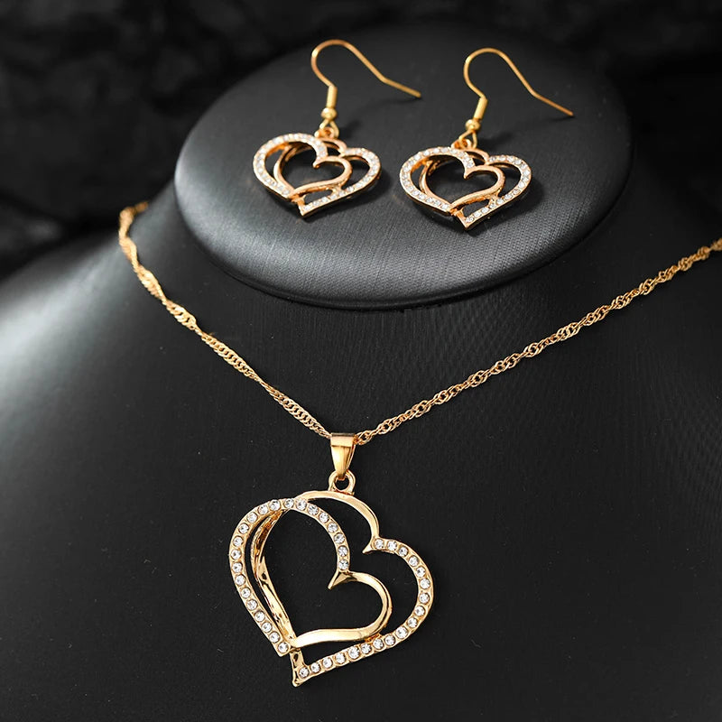 3 Pcs Set Sparkling Heart Shaped Jewelry Set Of Earrings Pendant Necklace For Women