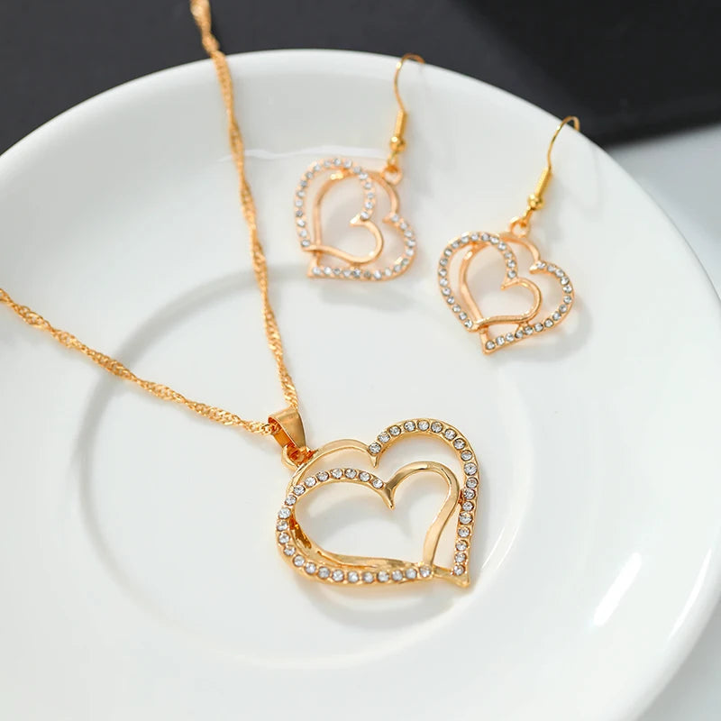 3 Pcs Set Sparkling Heart Shaped Jewelry Set Of Earrings Pendant Necklace For Women