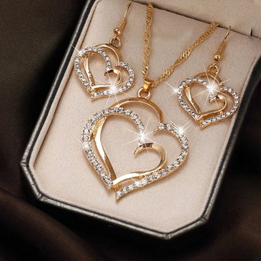 3 Pcs Set Sparkling Heart Shaped Jewelry Set Of Earrings Pendant Necklace For Women