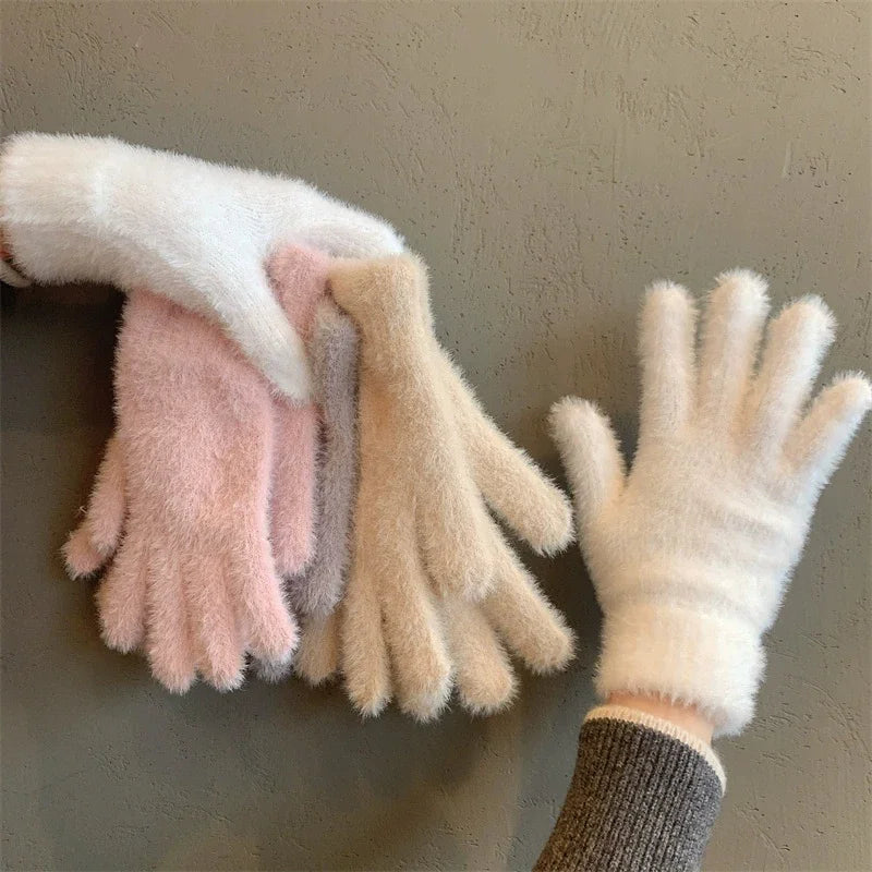 Fashion Winter Mink Velvet Five Finger Gloves Plush Warm Cold-proof Gloves for Women